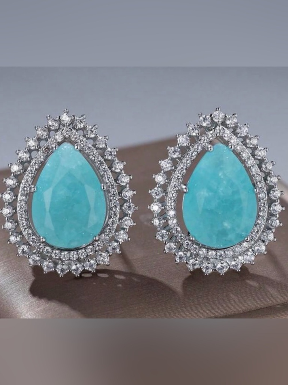 New Turquoise Teardrop Statement Earrings CZ Halo Silver Tone Crystal Earrings